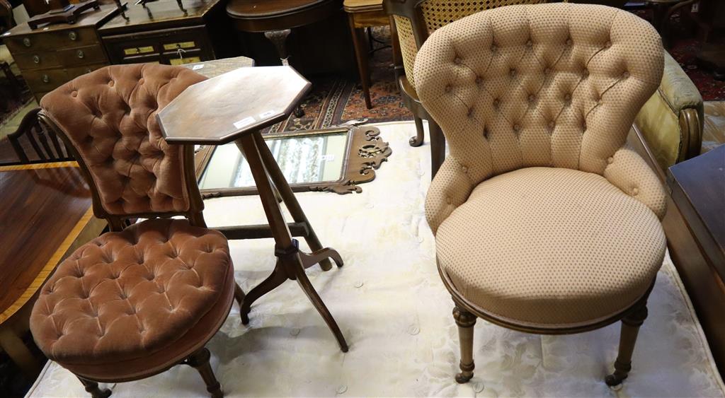 A Victorian walnut buttonback chair and a kettle stand, and another chair